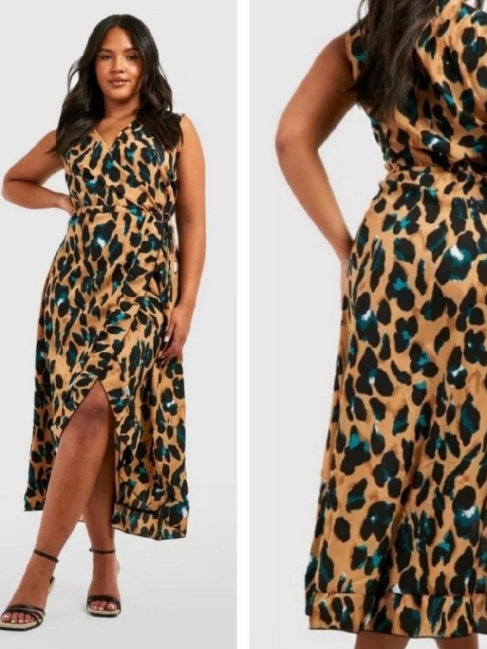 NEW ~Hi-Lo Boohoo Tan Wrap Dress with Teal and Black Leopard / Animal Print